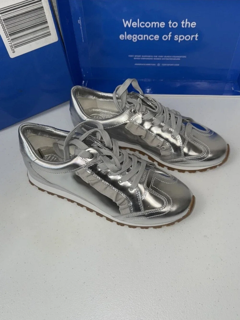 Tory Sport Metallic Silver Ruffle Trainer Sneakers Size 7.5